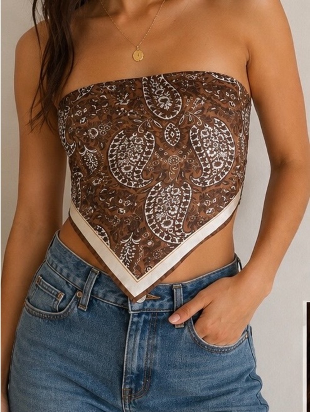 Windsor Brown Paisley Bandana Tube Top with Cream Trim